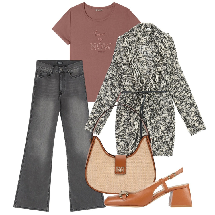 Outfit donna - Per un caffè. Stile Casual per Tutti i giorni. Abbinamento con décolleté, cardigans, jeans a zampa, t-shirt, borse a spalla.