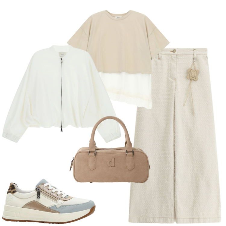 Outfit donna - Total look #2356804. Stile Casual chic per Tutti i giorni. Abbinamento con sneakers, cappotti, bomber, t-shirt, pantaloni a palazzo.