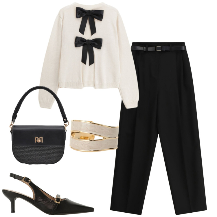 Outfit donna - B&W. Stile Urban per Tutti i giorni. Abbinamento con pantaloni a palazzo, sandali col tacco, anelli, maglieria, borse a spalla.