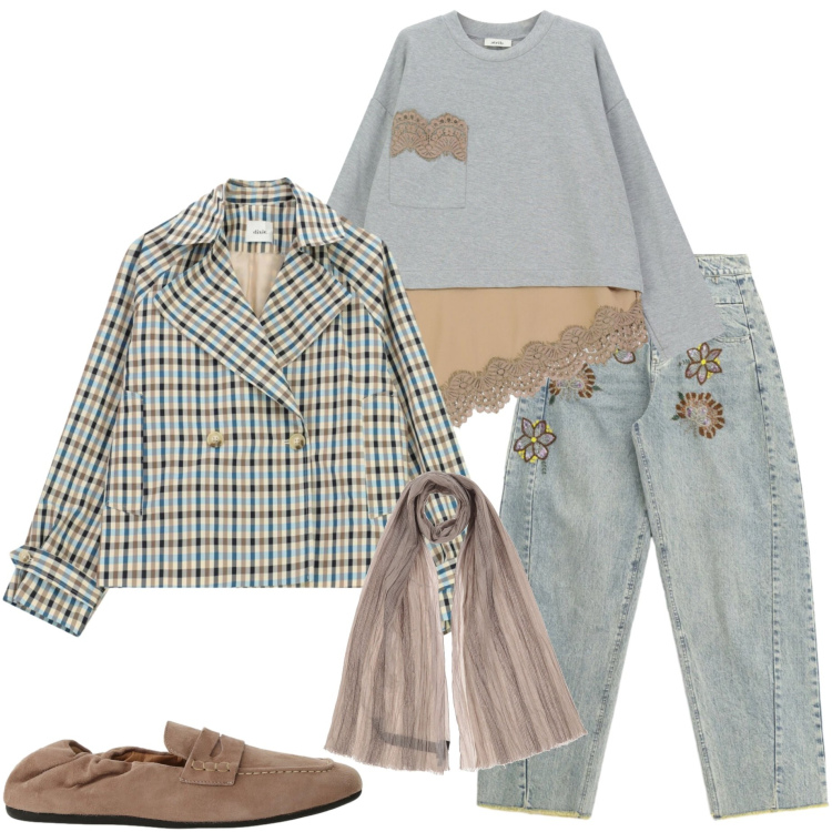 Outfit donna - Denim protagonista. Stile Casual chic per Tutti i giorni. Abbinamento con sciarpe, giacche, top, jeans, mocassini.