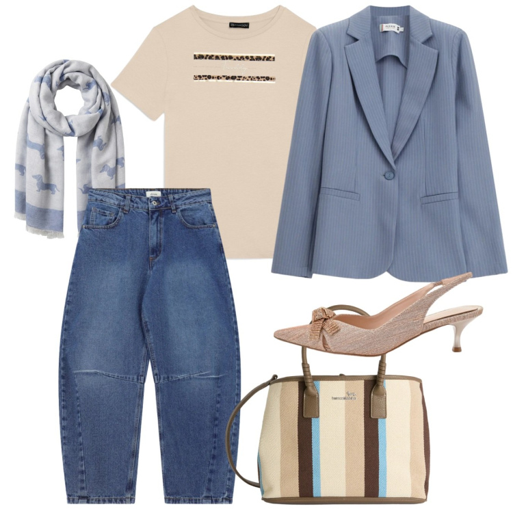 Outfit donna - Casual chic. Stile Casual chic per Tutti i giorni. Abbinamento con shopping bag, sciarpe, jeans, blazer, t-shirt, décolleté.