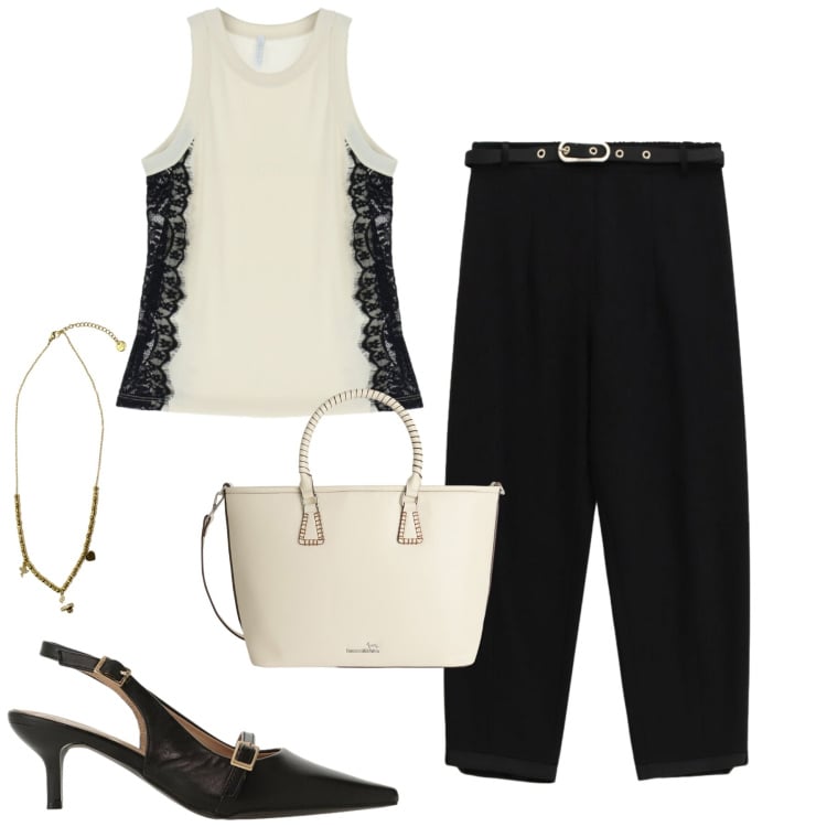 Outfit donna - Marzo. Stile Urban per Tutti i giorni. Abbinamento con shopping bag, top, sandali col tacco, pantaloni, ciondoli.