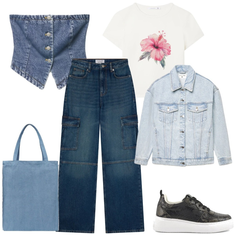 Outfit donna - Denim, but make It 2026. Stile Urban per Tutti i giorni. Abbinamento con jeans, top, t-shirt, borse tote, cappotti, sneakers.