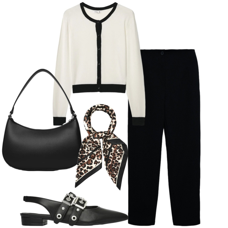 Outfit donna - In ufficio. Stile Urban per Tutti i giorni. Abbinamento con cardigans, ballerine, foulard, borse a tracolla, pantaloni chino.