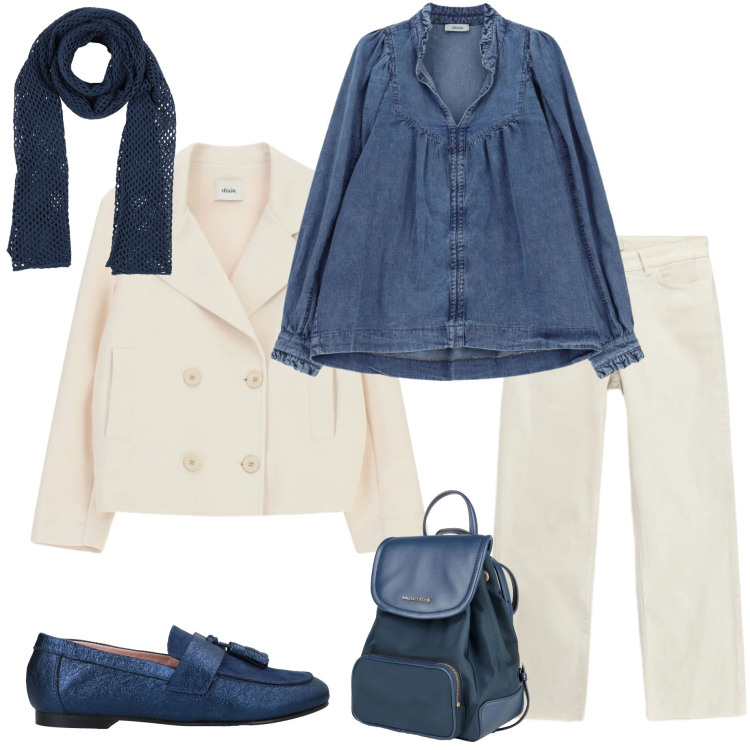 Outfit donna - Denim protagonista. Stile Casual chic per Tutti i giorni. Abbinamento con zaini, sciarpe, mocassini, camicie, pantaloni, blazer.