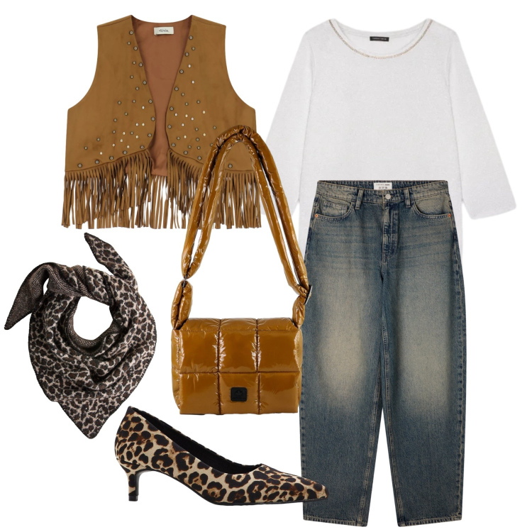 Outfit donna - Marzo. Stile Boho per Tutti i giorni. Abbinamento con décolleté, sciarpe, jeans, bluse, gilet, borse a spalla.