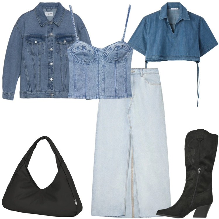 Outfit donna - Denim, but make It 2026. Stile Urban per Tutti i giorni. Abbinamento con cappotti, camicie a manica corta, stivali, top, gonne lunghe, borse a spalla.