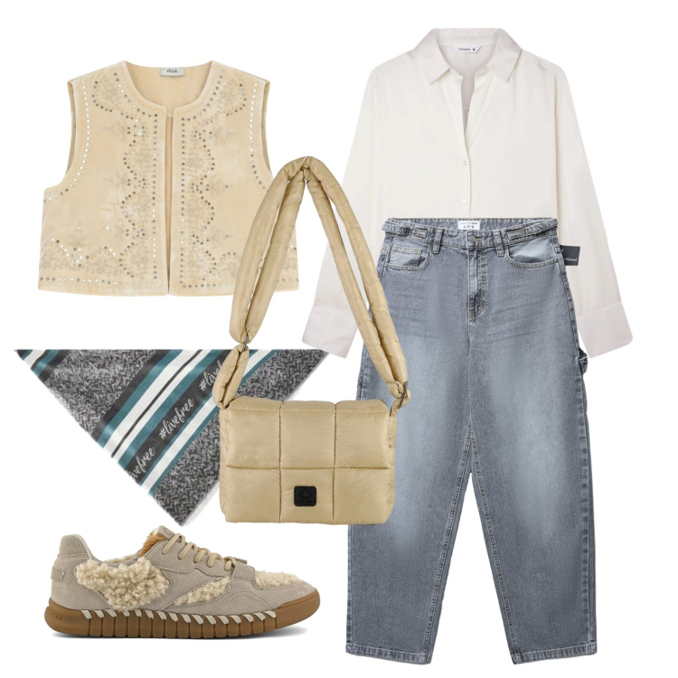 Outfit donna - Marzo. Stile Casual chic per Tutti i giorni. Abbinamento con camicie, jeans, foulard, gilet, borse a spalla, sneakers.
