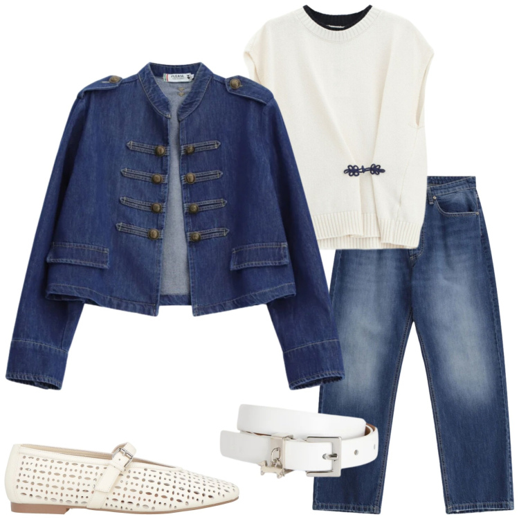 Outfit donna - Denim protagonista. Stile Casual chic per Tutti i giorni. Abbinamento con ballerine, cinture, top, blazer, jeans dritti.