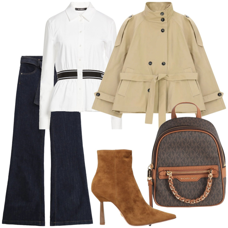 Outfit donna - Total look #2356824. Stile Trendy per Tutti i giorni. Abbinamento con camicie, stivaletti, zaini, trench, jeans a zampa.