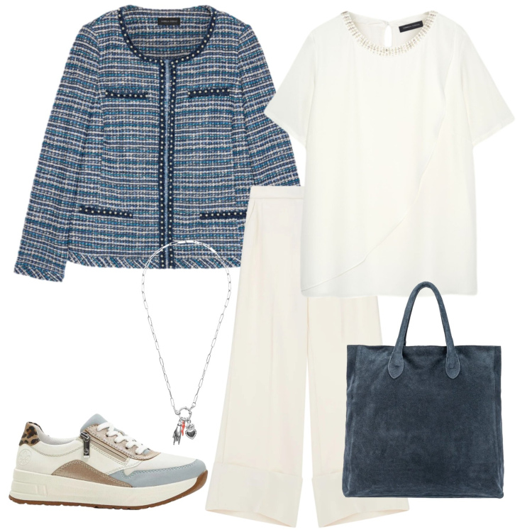 Outfit donna - Eleganza Contemporanea. Stile Preppy per Tutti i giorni. Abbinamento con sneakers, pantaloni a palazzo, blazer, bluse, ciondoli, borse a mano.