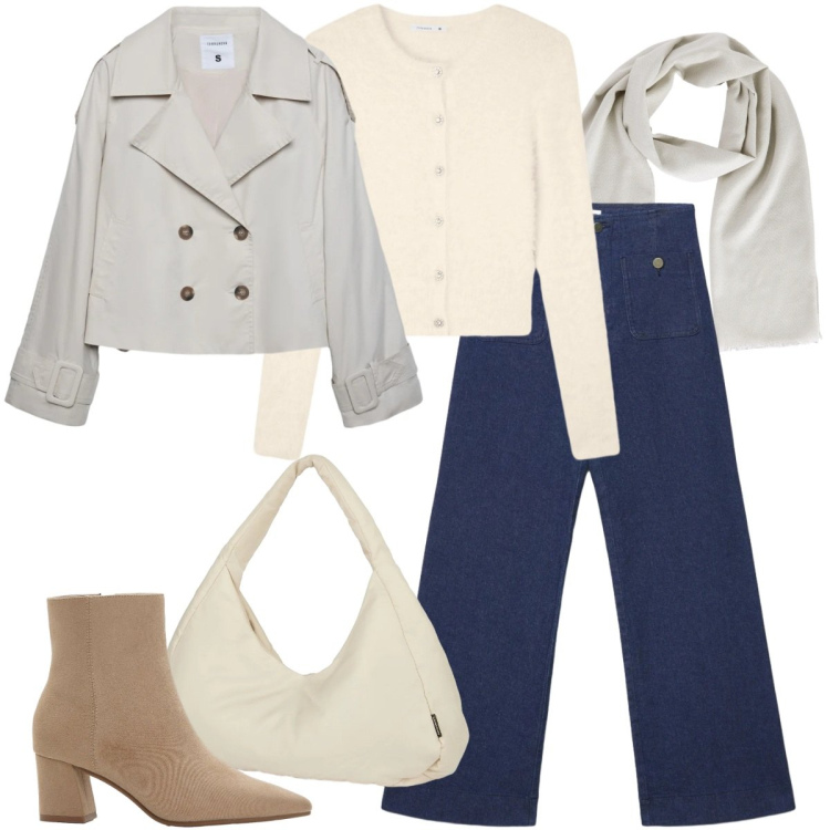 Outfit donna - Total look #2356841. Stile Urban per Ufficio. Abbinamento con stivaletti, foulard, caban, jeans, cardigans, borse a spalla.