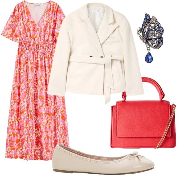 Outfit donna - stile in ufficio. Stile Chic per Ufficio. Abbinamento con ballerine, vestiti lunghi, borse a tracolla, blazer, ciondoli.