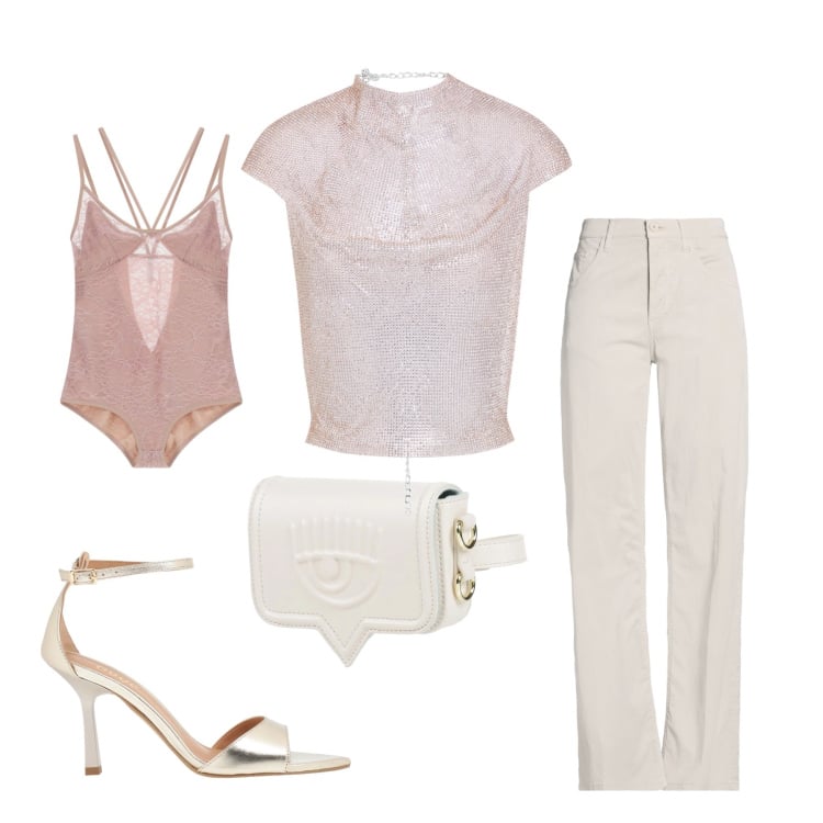 Outfit donna - Riflessi Rosati. Stile Glamour per Serata fuori. Abbinamento con marsupi, sandali in pelle, top, pantaloni, body.