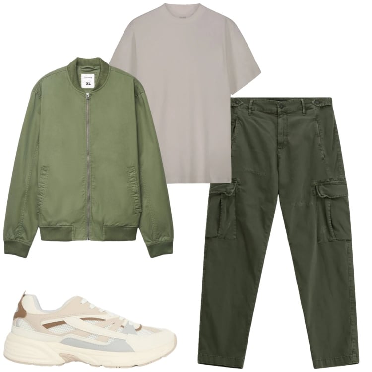 Outfit uomo - Total look #2356847. Stile Urban per Tutti i giorni. Abbinamento con pantaloni cargo, sneakers, bomber, t-shirt.