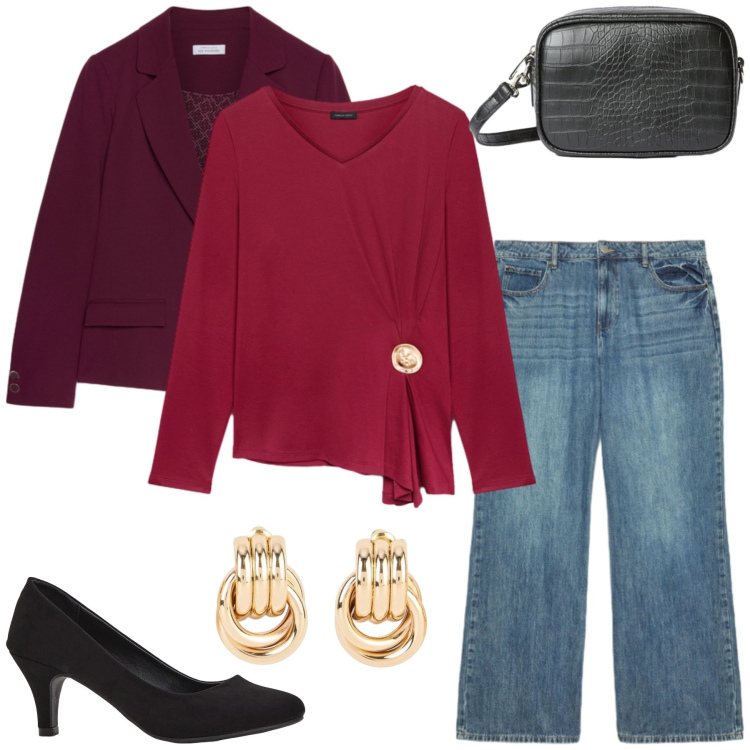 Outfit donna - Eleganza Urbana e Grinta Denim. Stile Casual chic per Tutti i giorni. Abbinamento con décolleté, orecchini, blazer, jeans, t-shirt, borse a tracolla.