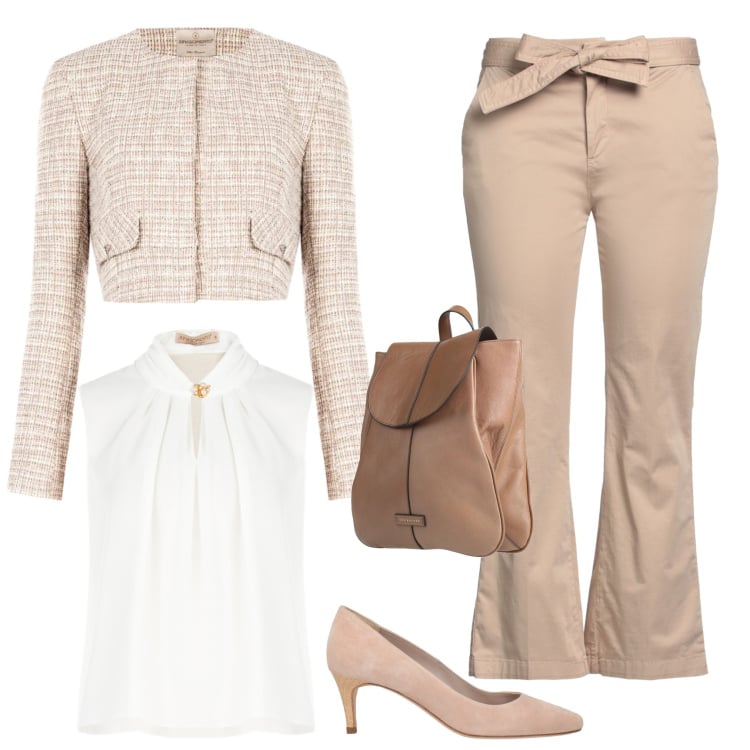Outfit donna - Ufficio bon ton. Stile Casual chic per Ufficio. Abbinamento con décolleté, zaini, pantaloni, blazer, top.