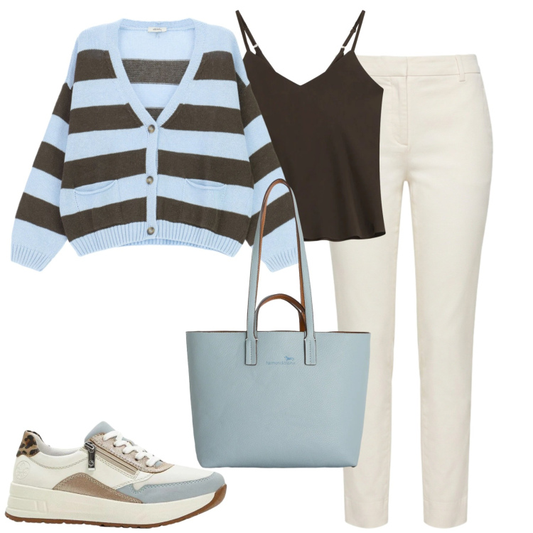 Outfit donna - City. Stile Casual chic per Tutti i giorni. Abbinamento con sneakers, shopping bag, pantaloni, top, cardigans.