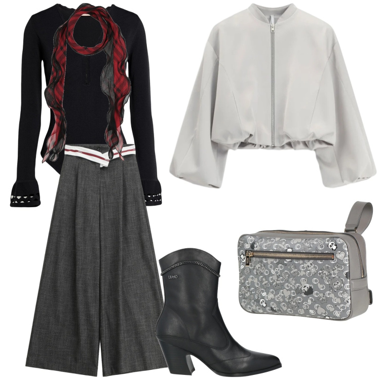 Outfit donna - Total look #2356884. Stile Trendy per Tutti i giorni. Abbinamento con marsupi, sciarpe, stivaletti, body, pantaloni a palazzo, bomber.