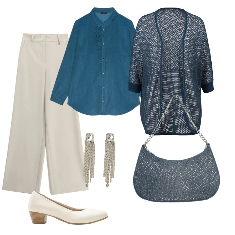 Outfit donna - Total look #2356889. Stile Casual chic per Ufficio. Abbinamento con cardigans, décolleté, borse a tracolla, camicie, orecchini, pantaloni a palazzo.