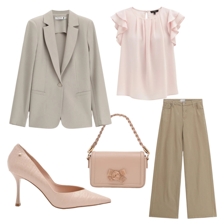 Outfit donna - Romantic rose. Stile Romantica per Serata fuori. Abbinamento con pantaloni, blazer, pochette, décolleté, top.