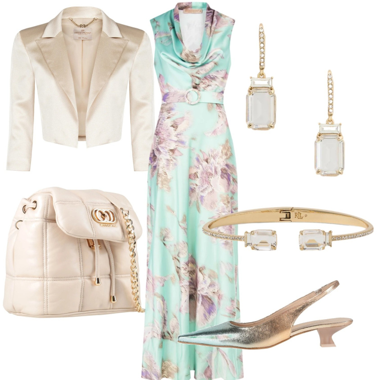 Outfit donna - Da matrimonio. Stile Chic per Cerimonia. Abbinamento con décolleté, valigie, vestiti lunghi, bolero, orecchini, braccialetti.