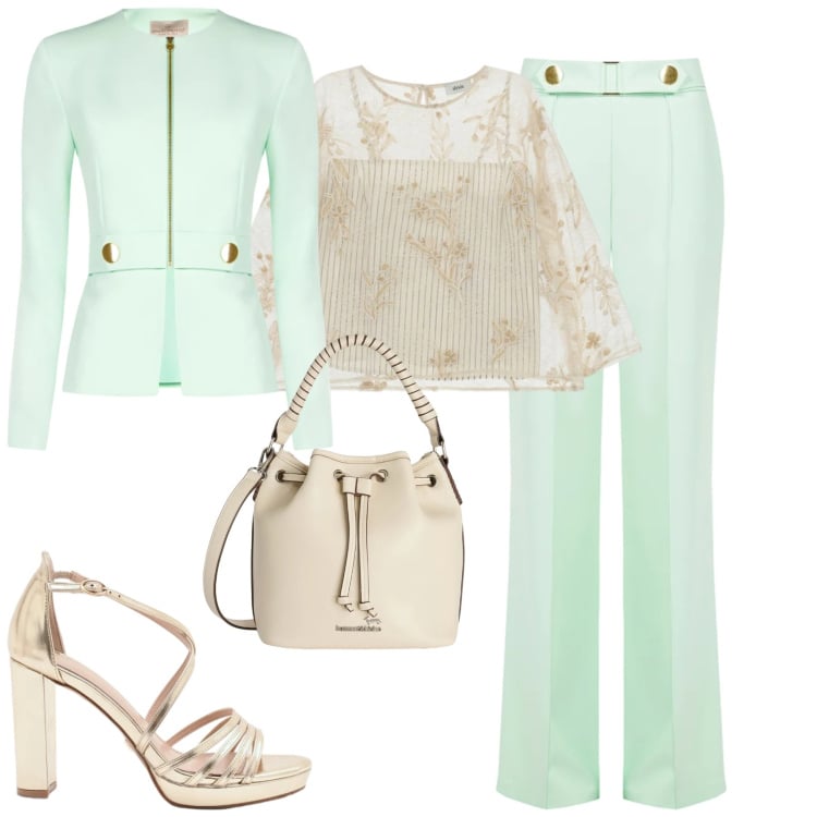 Outfit donna - Cerimonia. Stile Chic per Cerimonia. Abbinamento con borse a secchiello, top, sandali col tacco, blazer, pantaloni.