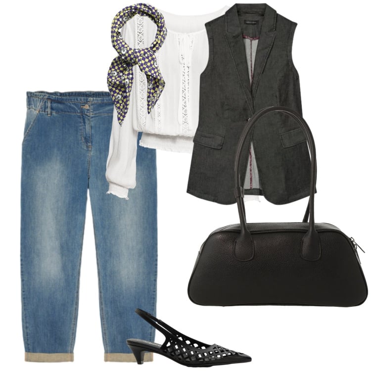 Outfit donna - Denim e foulard. per Tutti i giorni. Abbinamento con décolleté, bluse, foulard, gilet, jeans, borse a mano.