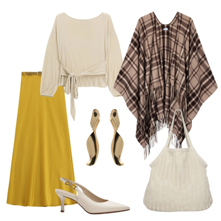 Outfit donna - Total look #2356899. Stile Casual chic per Serata fuori. Abbinamento con décolleté, gonne lunghe, cappotti, shopping bag, top, orecchini.