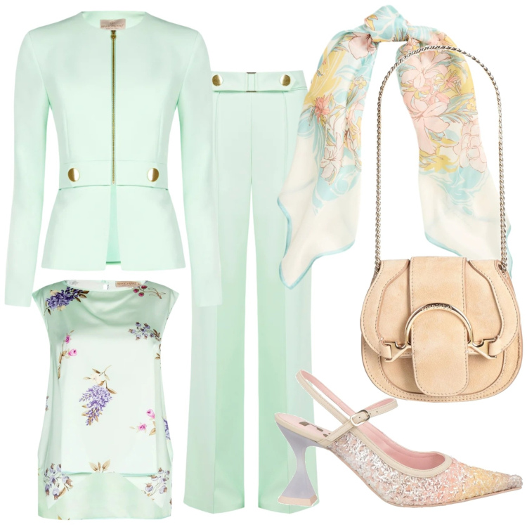 Outfit donna - Che tono!. Stile Chic per Cerimonia. Abbinamento con décolleté, marsupi, top, pantaloni, blazer, foulard.