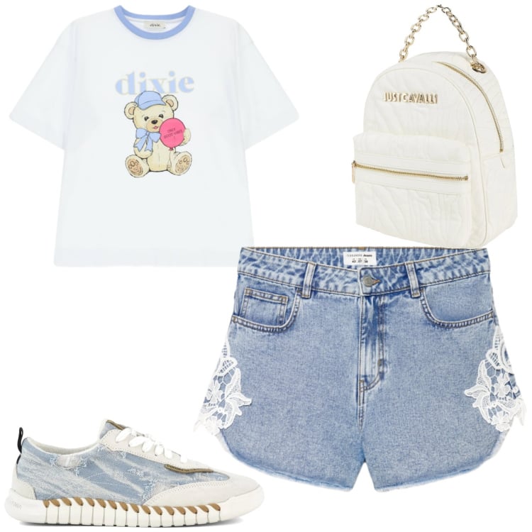 Outfit donna - Spring. Stile Casual per Tutti i giorni. Abbinamento con zaini, shorts, t-shirt, sneakers.