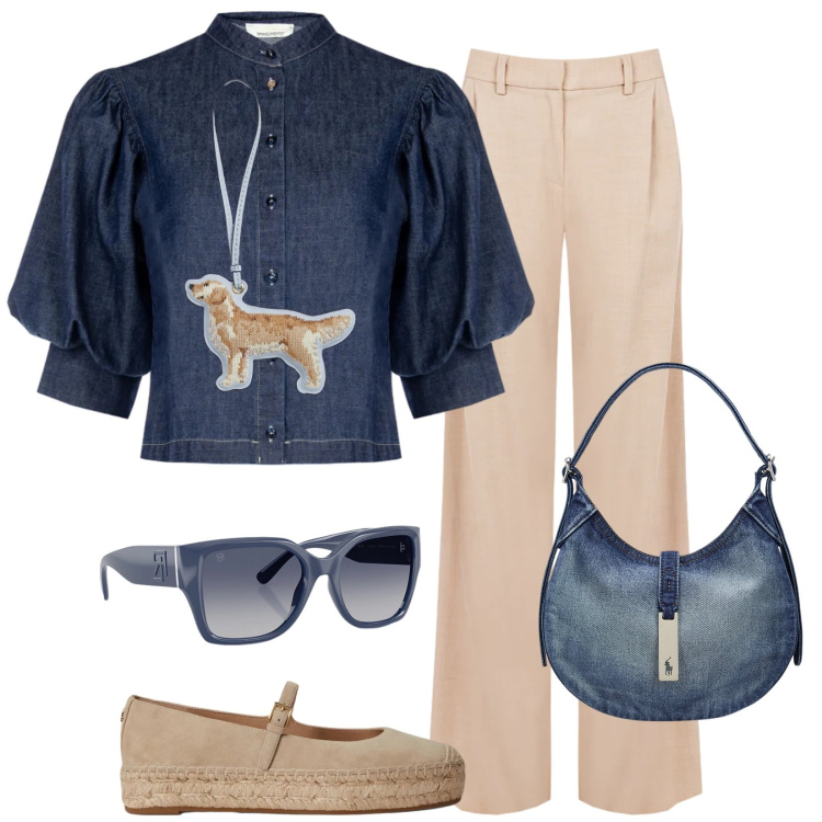 Outfit donna - Denim a sbuffo. Stile Trendy per Tutti i giorni. Abbinamento con camicie a manica corta, pantaloni a palazzo, espadrillas, borse a spalla, occhiali da sole, portachiavi.
