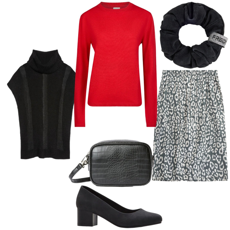 Outfit donna - Total look #2356912. Stile Chic per Ufficio. Abbinamento con décolleté, gilet, borse a tracolla, accessori per capelli, gonne, maglieria.