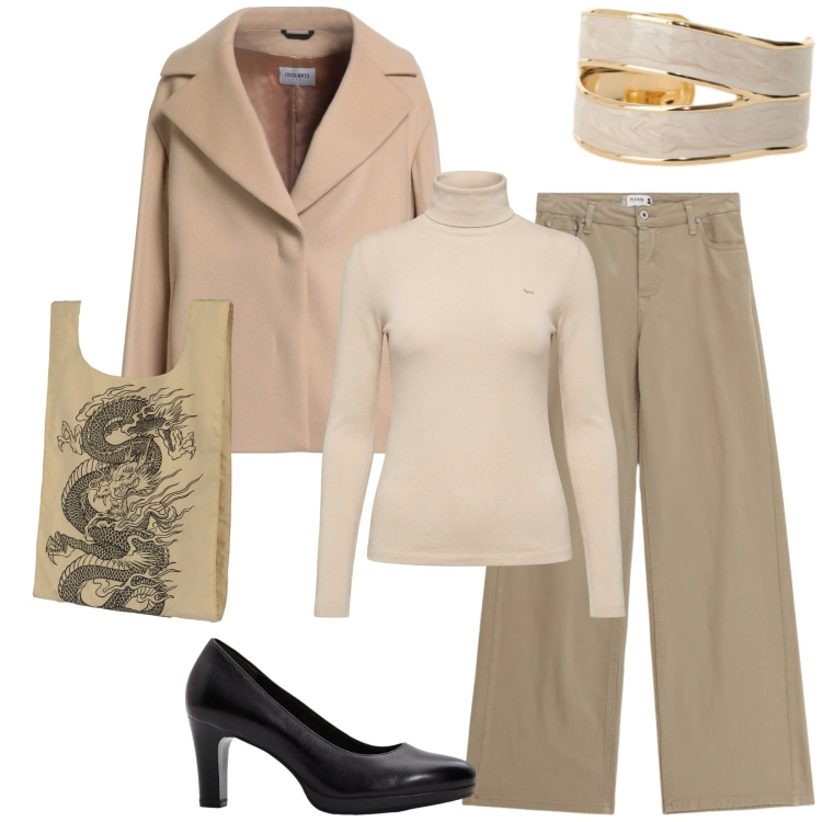 Outfit donna - Total look #2356921. Stile Bon Ton per Ufficio. Abbinamento con cappotti, décolleté, maglieria, anelli, pantaloni, shopping bag.