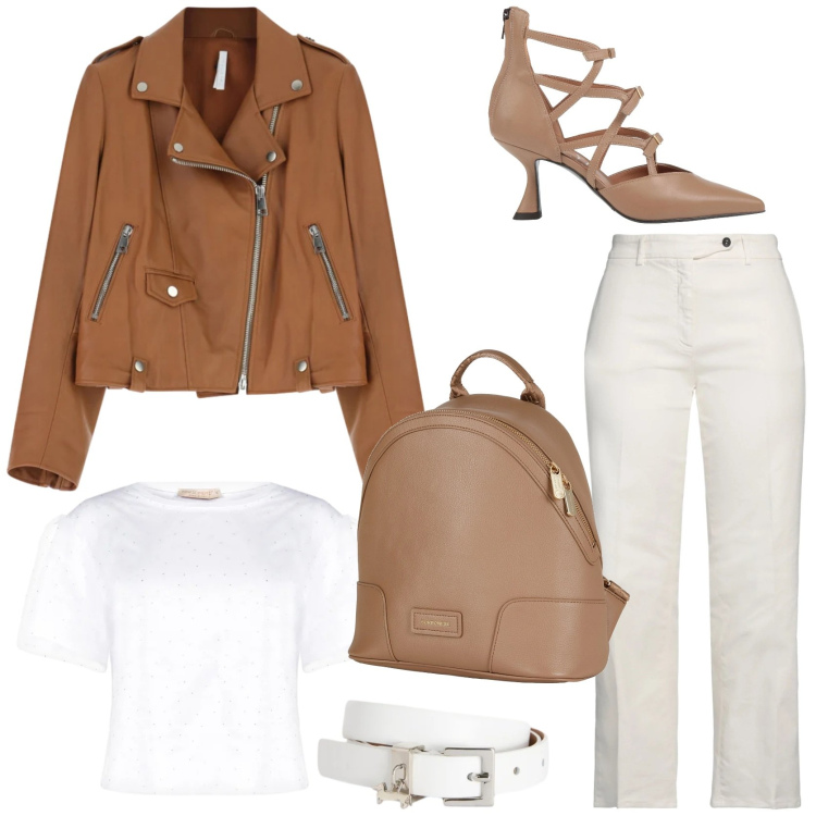 Outfit donna - Spring vibes. Stile Glamour per Tutti i giorni. Abbinamento con zaini, décolleté, jeans dritti, cinture, giacche, t-shirt.