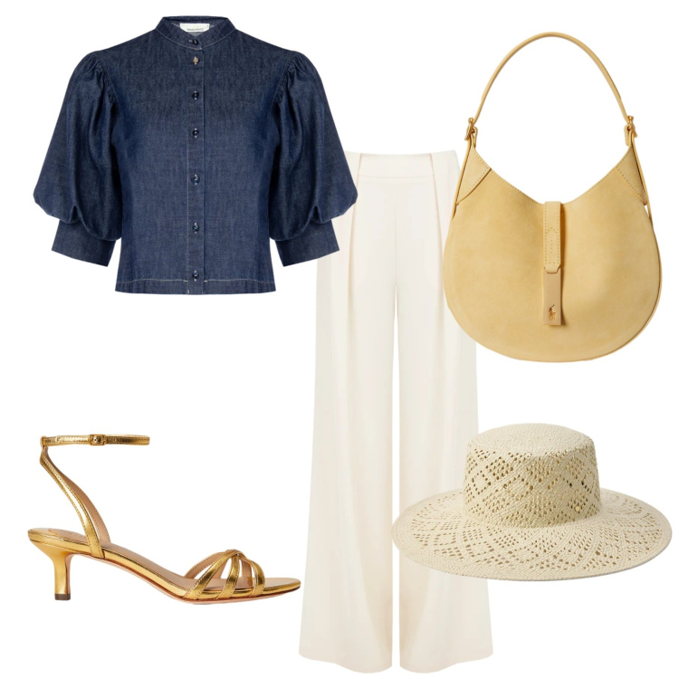 Outfit donna - Spiaggia dorata. Stile Casual chic per Serata fuori. Abbinamento con camicie a manica corta, pantaloni a palazzo, cappelli, sandali in pelle, borse a spalla.