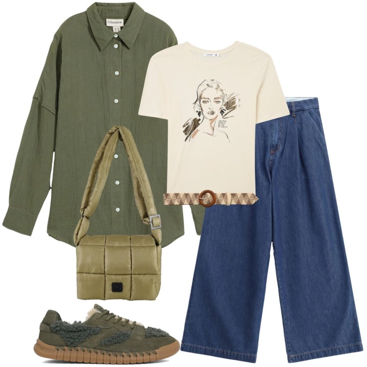 Outfit donna - Total look #2356933. Stile Casual per Tutti i giorni. Abbinamento con camicie, t-shirt, cinture, jeans, borse a spalla, sneakers.