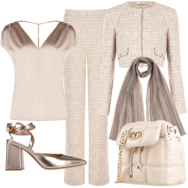 Outfit donna - Eleganza sussurrata. Stile Chic per Tutti i giorni. Abbinamento con valigie, décolleté, sciarpe, blazer, top, pantaloni a palazzo.
