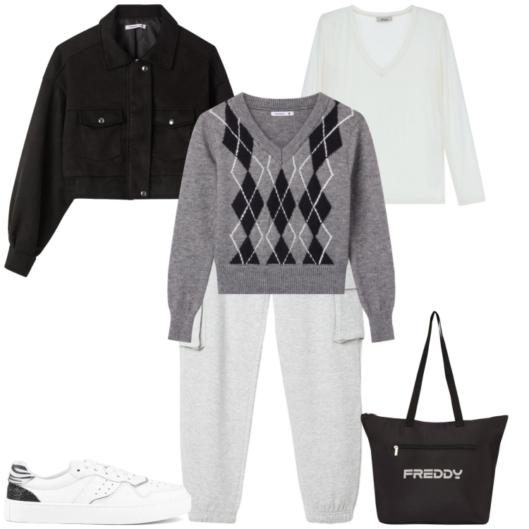 Outfit donna - Scuola tempo libero. Stile Urban per Scuola/Università. Abbinamento con pantaloni, pullovers, bomber, t-shirt, shopping bag, sneakers.