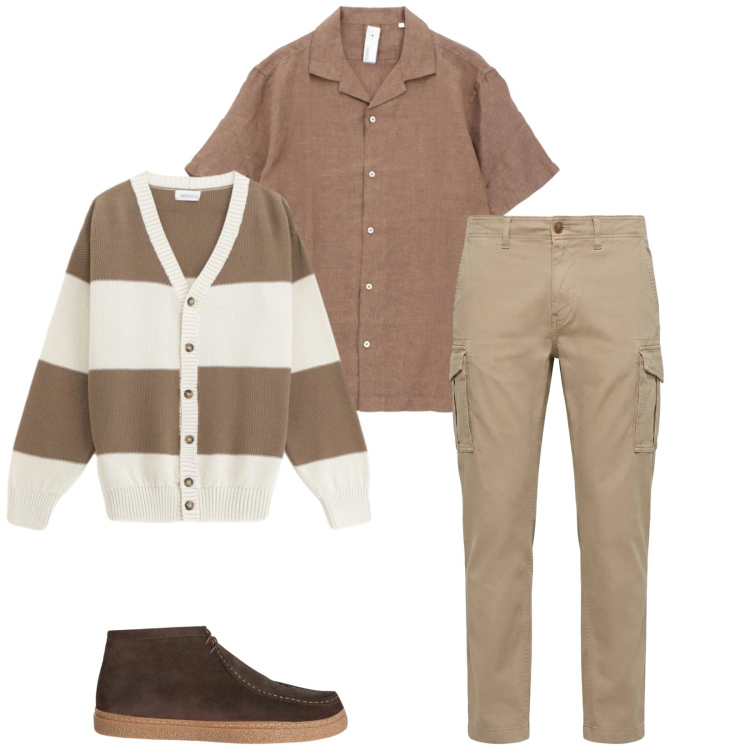 Outfit uomo - Total look #2356937. Stile Trendy per Tutti i giorni. Abbinamento con pantaloni cargo, stivali e stivaletti, cardigans, camicie a manica corta.