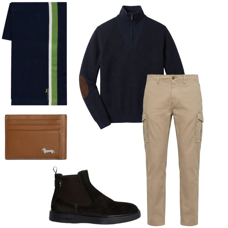 Outfit uomo - Total look #2356938. Stile Trendy per Tutti i giorni. Abbinamento con pantaloni cargo, portafogli, stivali e stivaletti, sciarpe, maglieria.