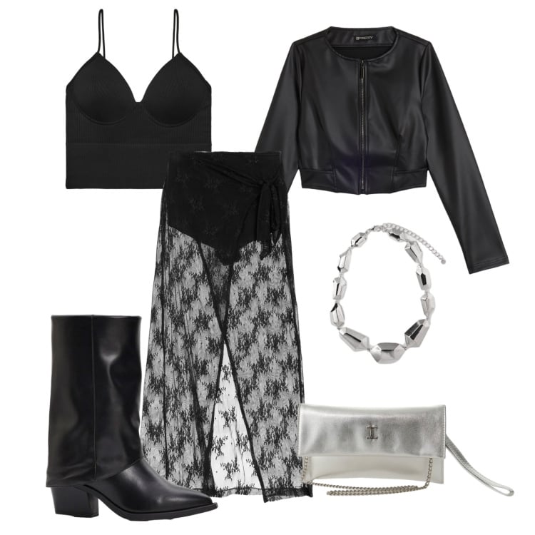 Outfit donna - Black Night Elegance. Stile Rock per Serata fuori. Abbinamento con stivali, borse a tracolla, top, ciondoli, gonne lunghe, giacche.