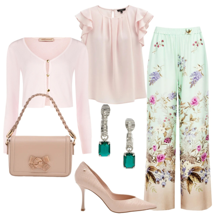 Outfit donna - Anima in fiore. Stile Romantica per Cerimonia. Abbinamento con top, pantaloni a palazzo, pochette, cardigans, décolleté, orecchini.