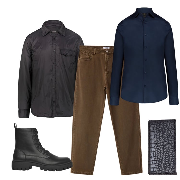 Outfit uomo - Carattere Urbano e Toni Terrosi. Stile Trendy per Tutti i giorni. Abbinamento con anfibi, pantaloni, camicie, giacche, portafogli.