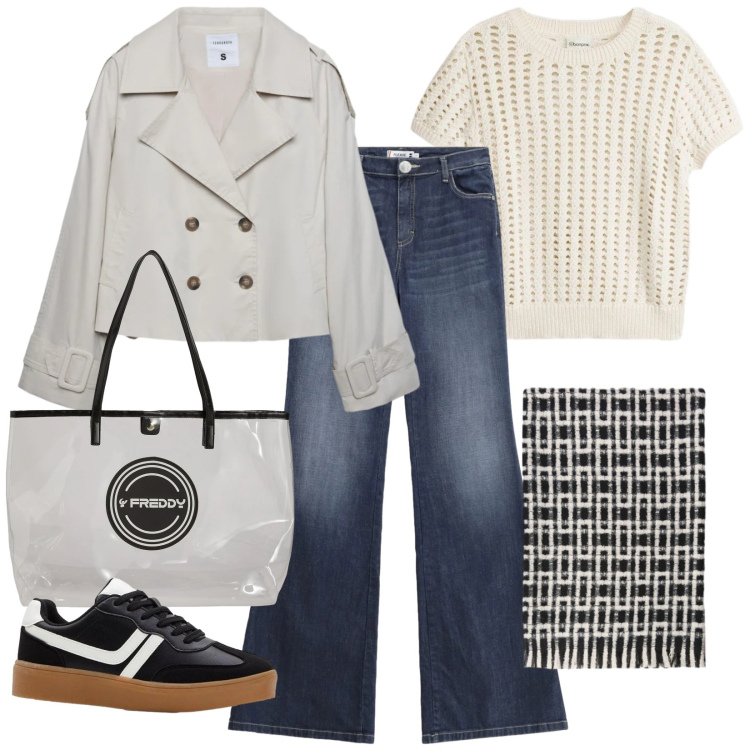 Outfit donna - Trench corto. Stile Casual per Scuola/Università. Abbinamento con bluse, sneakers, caban, sciarpe, shopping bag, jeans a zampa.