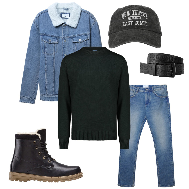 Outfit uomo - Il Classico Americano. Stile Casual per Tutti i giorni. Abbinamento con cinture, stivali e stivaletti, cappelli con visiera, giacche, jeans dritti, maglieria.