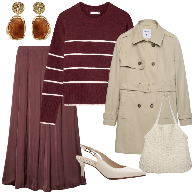 Outfit donna - Gonna lunghetta. per Ufficio. Abbinamento con décolleté, maglieria, trench, shopping bag, gonne longuette, orecchini.