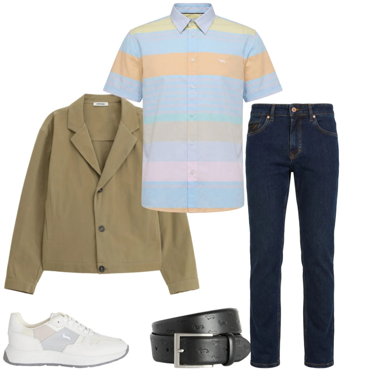 Outfit uomo - Freschezza Multicolore e Tagli Moderni. Stile Urban per Tutti i giorni. Abbinamento con jeans, cinture, camicie a manica corta, sneakers, giacche.
