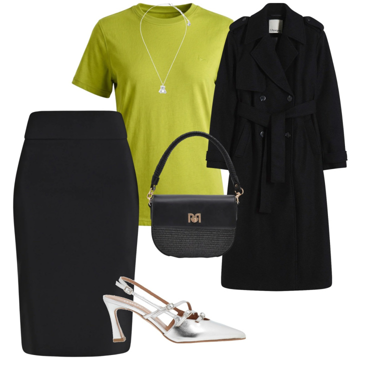 Outfit donna - Gonne t-shirt. per Serata fuori. Abbinamento con décolleté, trench, t-shirt, ciondoli, gonne longuette, borse a spalla.