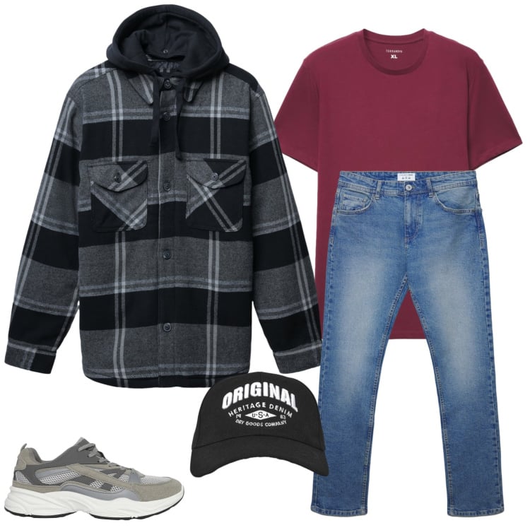 Outfit uomo - Comodità e Layering di Carattere. Stile Trendy per Tutti i giorni. Abbinamento con jeans dritti, sneakers, giacche, cappelli con visiera, t-shirt.